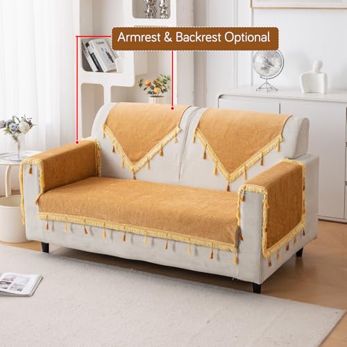 Image of HOKIPO 'Serenity Tassel' Chenille 2 Seater Sofa Cover with Tassel - Sunlit Amber (IN-891-GLD)