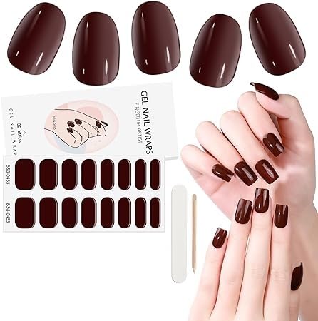 Cazuela Semi Cured Gel Nail Strips - Pink Semi Cured Nail Wraps - Soft Self-Adhesive Gel Nail Stickers with 16PCS Nail File Stick - Long Lasting French Tip Stickers (11 Burgundy Berry)