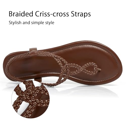 Image of iCKER Womens Braided T‑Strap Flat Sandals Elastic Stretch Ankle Strap | Boho cute casual lightweight and comfort matches dresses for beach vacation