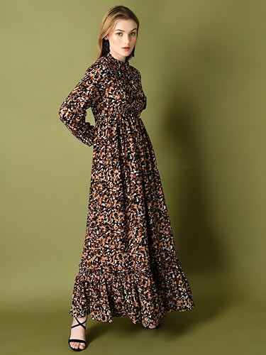 Image of KZULLY | Floral Printed Maxi Dresses for Women | Long Sleeve Beautiful Floral Patterns | Stylish and Elegant Dress | Tie Neck