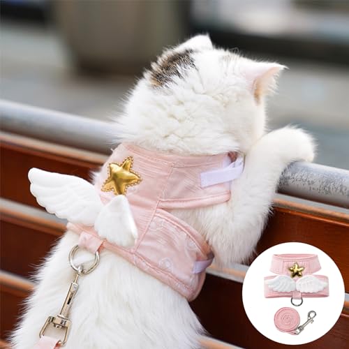 猫 ハーネス さんぽ 胴輪 猫具りーど 子猫 子犬 小型犬 可愛い こねこ 猫用ハーネス 散歩天使の羽で 脱走防止散歩 外出 コンフォート 夜反射 通気メッシュ (ピンク, XL)