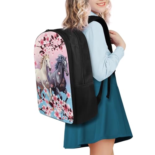Cherry Blossom Horse Backpack for Girls Kids Backpack with Lunch Box Water Bottle Bag and Aesthetic Pencil Case 4PCS Set Bookbag with Compartments for School Teens 17 inch Sturdy School Bag2