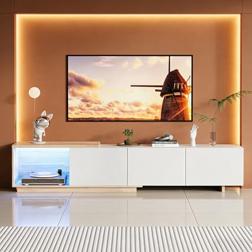 Julyue Mueble bajo para TV con sensor inteligente LED, 240 cm de largo, con gestión de cables, mesa para televisión con espacio de almacenamiento abierto y 3 cajones (blanco brillante, 240 x 38 x 44