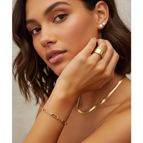 YEEZII 56 Pcs Gold Jewelry Set for Women with 5Pcs Layered Necklace, 5Pcs Layered Necklace, 12 Bracelets, 4 Hoop Earrings, 8 Stackable Rings, 10 hairpins, 12 Studs Earrings Jewerly set for Women - Image 3
