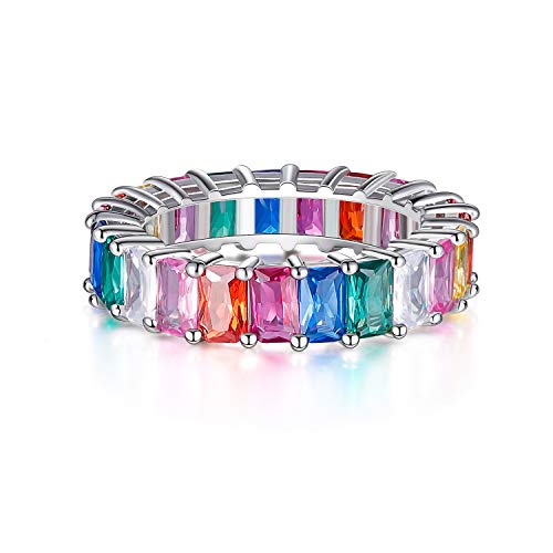 XBRN 18K White Gold Plated Cubic Zirconia Rings Emerald Cut Multicolor Rainbow Eternity Ring Bands for Women (7)