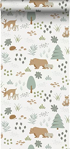 ESTAhome papier peint forêt avec des animaux de la forêt blanc, vert et beige - 139247-0,53 x 10,05 m