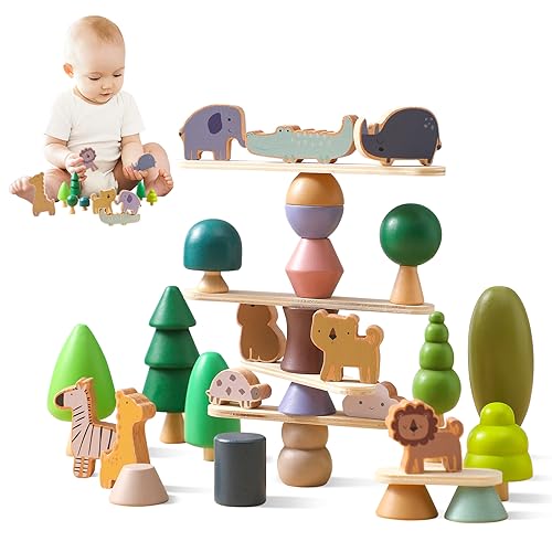Image of Wooden Animal Forest Balance Stacking Toy Set 36PCS Wood Miniature Tree Blocks Set Elegant Ornaments for Home Decor Wooden Mini Trees Animals Balance Toy for Toddler 36 Months+