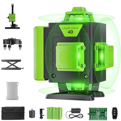 16 Line Laser Level 360 Self Leveling, 4x360Â°Professional 4D Green Cross Line laser Level with 2 Batteries, Adjustable Brightness & Remote Control, for Tiling Floor Construction and Picture Hanging