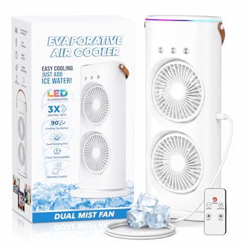Image of 4000mAh Double Ended Spray Fan, Cold Air, 2025 New Desktop Table Fan USB Rechargeable with LED Light Cooler, Tower Air Coolers & Remote Control,Water Tank,Bedroom, Living Room (AD-White)