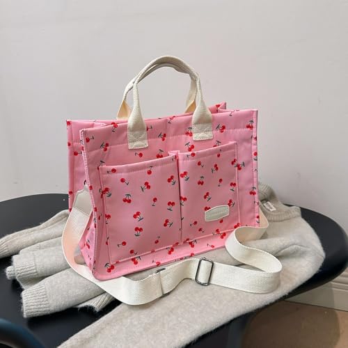 Image of Cherry Tote Bag for Women Canvas Patched Purse Cute Shoulder Bag Multi-Pocket Satchel Handbag for work travel