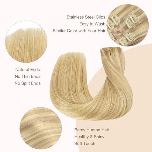 Image of GOO GOO Clip in Hair Extensions Real Human Hair, Remy Human Hair Extensions Clip ins for Women, Natural Human Hair, 22inch 110g 7Pcs, 18D /22F Dirty Blonde Highlights