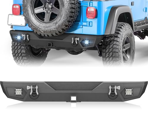 EYOUHZ for Jeep Wrangler TJ YJ LJ Off-road Rear Bumper Compatible with 1987-2006 Jeep Wrangler TJ YJ LJ Unlimited Rock Crawler Bumper with 2 x LED Lights D-Rings & 2 Hitch Receiver Textured Black