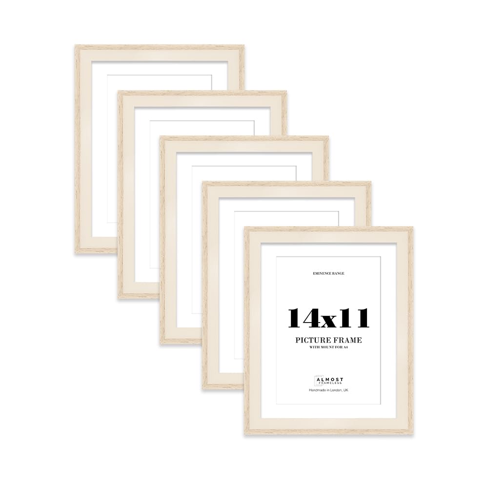14x11" Oak Picture Frame with A4 Mount - Shabby Chic Photo Frame with Distressed Finish, Wall Hooks and Kickstand, 32mm Edge - 5 Pack