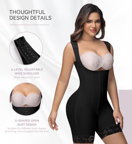 Image of SHAPSHE Fajas Colombianas Moldeadoras Open Bust Full Body Shaper with Bones | 9 Bones Waist Back Support, 3 Hooks Adjustable Compression, Stage 2 3 Faja Postpartum Post Surgery, Breathable Soft Fabric