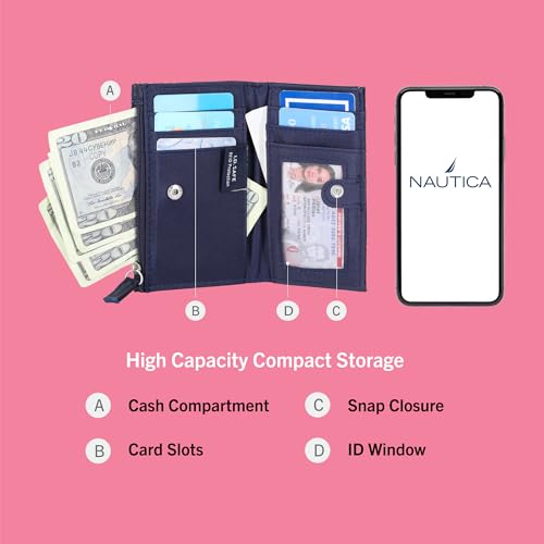 Image of Nautica High Tide Womens Small Wallet, RFID Blocking Slim Credit Card Holder with Zipper Coin Pocket, Bifold Compact Wallet with ID Window, Black