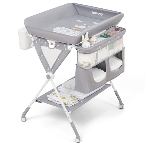 Image of Portable Baby Changing Table, Babevy Foldable Diaper Change Table with Wheels, Adjustable Height, Cleaning Bucket, Changing Station for Infant Mobile Nursery Organizer for Newborn, Light Grey