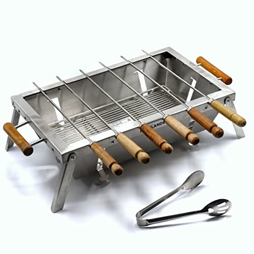 Image of Compact Portable Foldable Stainless Steel Tandoor Charcoal Free Standing Barbeque Bbq Grill Set With 6 Skewers, Tongs, Bag And Charcoal Tray For Home Outdoor Garden (44 X 28 Cm)