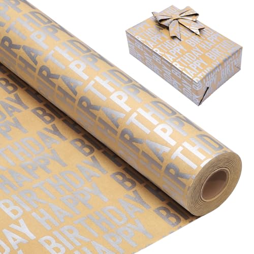 Silver Birthday Wrapping Paper Roll 43cm x 3m Brown Kraft Gift Wrap Set with Stickers and Paper Rope Happy Birthday Wrapping Paper for Boys Girls Men and Women Party Gifts