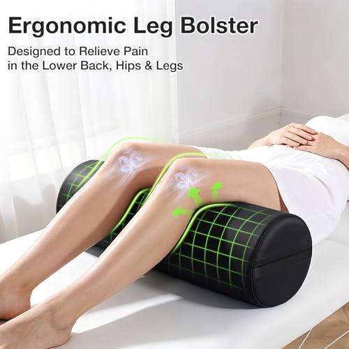 Image of Full Round Bolster Pillow, 26 inch x 9 inch PU Leather Massage Table Bolster with Strap Handle, Massage Pillow for Knee Back Ankles Pain Relief, Comfortable Leg Bolsters Cylinder Pillow for Home / Spa / Yoga