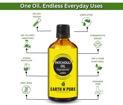 Image of Earth N Pure Patchouli Essential Oil 100% Pure & Natural | Patchouli Oil for Diffuser, Aromatherapy, Skin Care, Hair Care & Perfume Making | Deep Earthy Fragrance for Relaxation | Undiluted Therapeutic Grade - 100ml