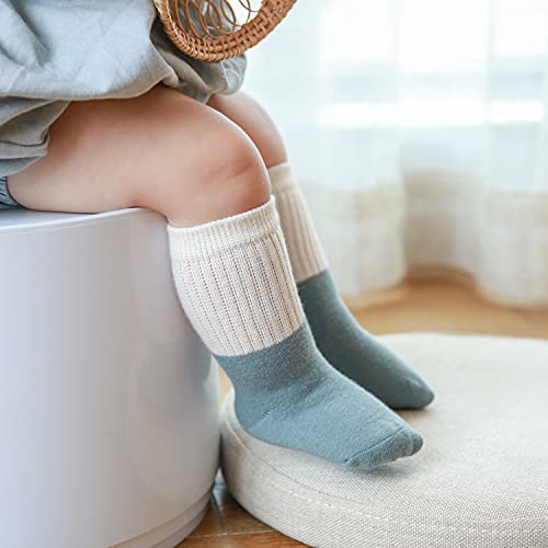 J Poqobog Kleinkind Baby Mädchen Jungen Socken - Baumwolle Rundsocken für Baby Geschenke Pack Baumwollreiche Kniestrümpfe Set (1-3 Jahre, Blau Grün Rutschfest 8 Paar)