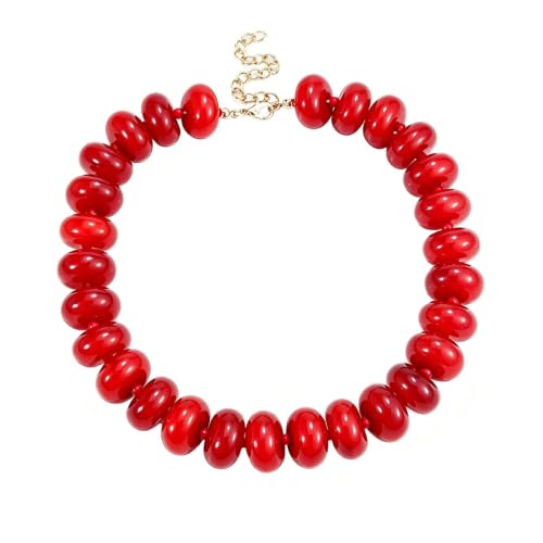YueYueLoove Chunky Beaded Necklace for Women Red Resin Beaded Necklace Fashion Trendy Summer Minimalistic Modern Statement Choker Necklaces Jewelry Gifts (Red Oval Bead)