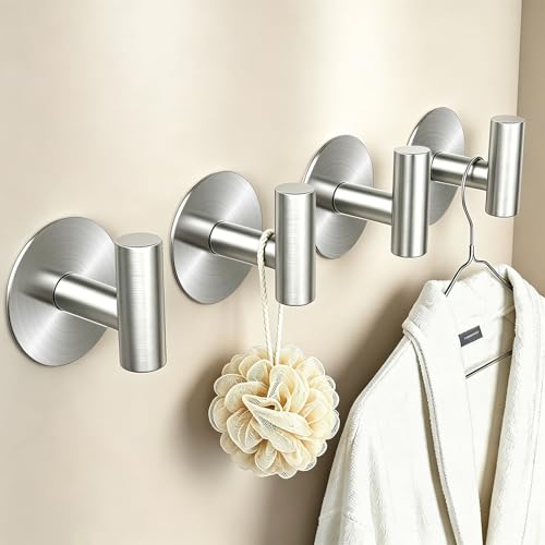 Image of Heavy Duty Self-Adhesive Coat Hooks, Stainless Steel Towel Hooks for Bags, Towels, Robes, Hats, Aprons - No Drill Bathroom, Kitchen, Hotel Wall Hooks (Silver, 4 Pack)