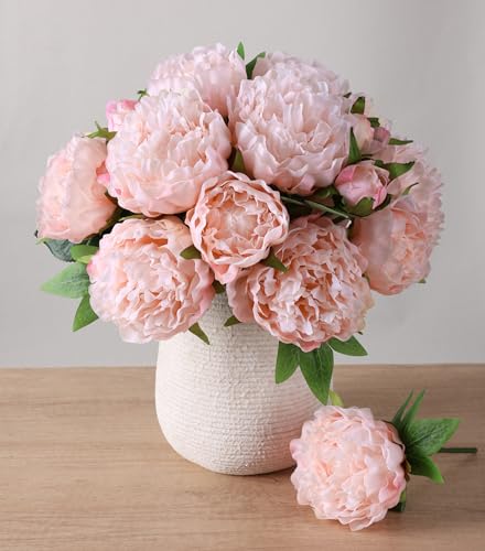 Light Pink Peony Artificial Flowers - 11 Branches Silk Peonies for Vase