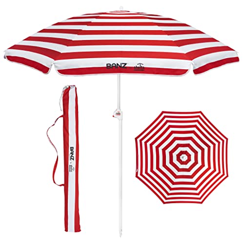 Banz Noosa Red and White Cabana Stripe Adjustable Beach Umbrella - Compact, UPF 50+ Rated, Lightweight & Durable Balcony Umbrella for Apartments - 6ft 6in Walk-In Height, 5ft 11in Canopy Span