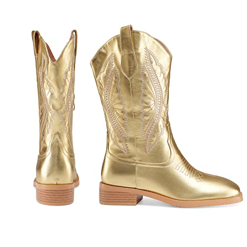 Z.oufeier Women's Fashion Embroidered Mid Calf Square Toe Western Cowboy Boots Sparkly Gold Leather Wide Calf Low Block Heel Tall Cowgirl Boots(Gold,9) #TOP4