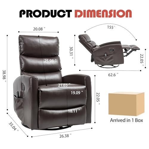 Image of Manual Swivel Rocker Recliner Chair for Adults, Overstuffed Reclining Glider Chair for Nursing with Vibration Massage & Heat, Living Room Rocking Recliner 3-Stage backrest, Faux Leather Brown