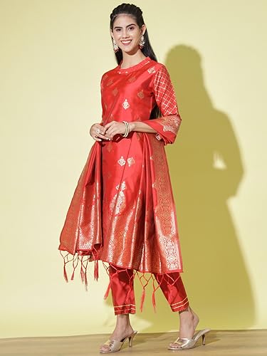 Image of VredeVogel Women's Cotton Silk Jacquard, Banarasi Silk Kurta Pant With Dupatta Set