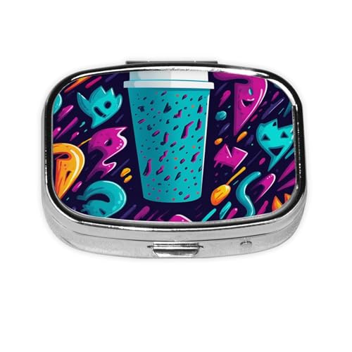 Caixa de comprimidos com design de copo dos anos 90 para bolso ou bolsa, estojo pequeno para comprimidos com 2 compartimentos, organizador de comprimidos portátil de viagem, recipiente diário para