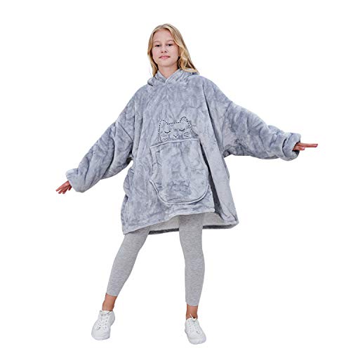 Sinogem Sherpa Hoodie Blanket Sweatshirt for Kids-Super Soft Warm Cozy Cat Fleece Wearable Blanket with Huge Pocket for Teens,Boys,Girls,Children 7-15ry Grey