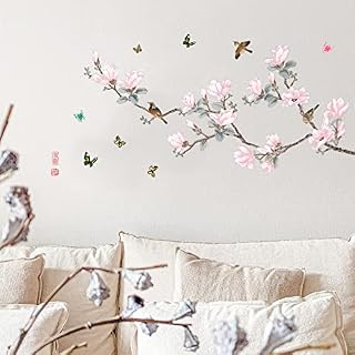 Pink Magnolia Flower Wall Decal Stickers, Elegant Flying Birds Butterfly Tree Branch Wall Sticker, ToyaJeco Floral Art Mural Decor for Bedroom Living Room TV Background