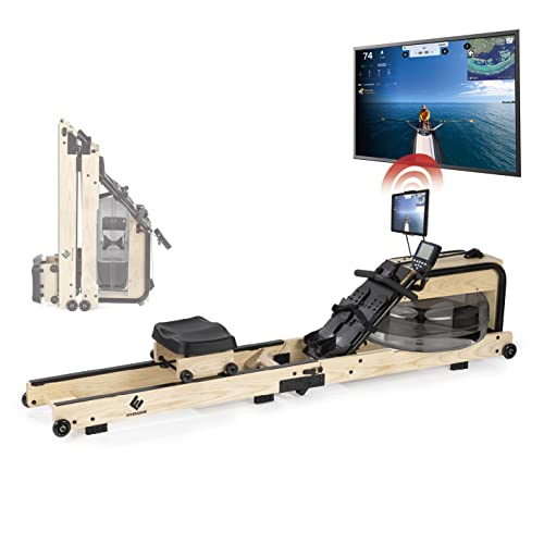 FitEngine Rudergerät aus massivem Holz mit Wasserwiderstand, klappbar | Effektives Training zuhause, kompatibel mit der Kinomap-App (ABO erforderilch) | Trainingscomputer und Tablethalterung Cover