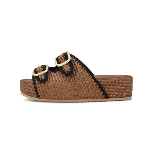 Image of Raffia Sandals for Women Platform Slide Sandals Espadrille Adjustable Double Buckle Summer Comfortable Cute Woven Casual Beach Shoes