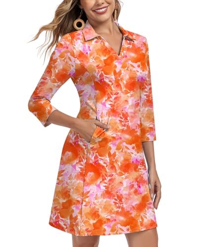 Image of WOWENY 3 /4 Sleeve Dress for Women with Pockets V Neck UPF 50+ Casual Sun Dress Breathable Quick Dry Beach Vacation