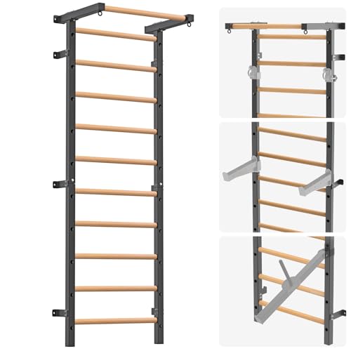 Lifeswell Sprossenwand klimmzugstange Klettergerüst Indoor -Holzstandstange Kletterwand mit 11 Strategische Stangen Wandmontage Suspension Trainer für Zuhause Fitnessstudio