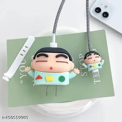 Image of PHONE PALACE 4 in 1 Compatible with Apple iPhone Charger Case Cover | Silicon Charger Case Cover for Apple 18-20W 360 Degree Protection Case with Wire Saver ((Blue Shinchan))