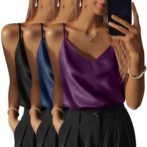 Image of 3 Pack Women's Silk Satin Camisoles V Neck Tank Tops | 95% Polyester, 5% Spandex, Adjustable Spaghetti Strap, Loose Blouse, Daily Wear, Sleeveless, Classic V Neck