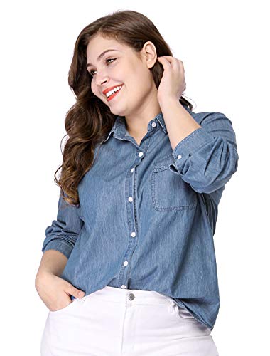 Agnes Orinda Women's Plus Size Button Down Long Sleeve Chest Pocket Chambray Shirts 20252