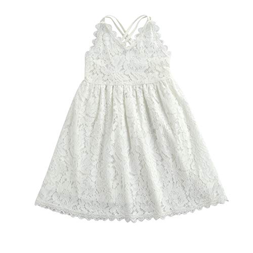 L&ieserram Robe à Bretelles Spaghetti en Dentelle Blanche pour Bébé Fille Robe d'Eté sans Manches au Genou Robe de Princesse Dos Nu Décontractée d'Eté (Blanc, 3-4 Ans) Cover