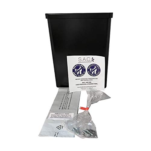 Sanitary napkin and tampon disposal receptacle, surface mount, black steel, liner held in place with bracket