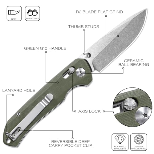 Image of Dispatch Axis Lock Folding Pocket Knife with Clip, 3.46 inch D2 Steel Drop Point Blade and G10 Handle, Crossbar Lock EDC Pocket Knife for Men Women Hiking Camping Hunting Survival Knives