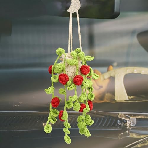 Image of Cute Air Freshener for Car, Crochet Car Accessories Air Freshener, Cute Rear View Mirror Accessories, Handmade Crochet Plant for Cars, Red Rose