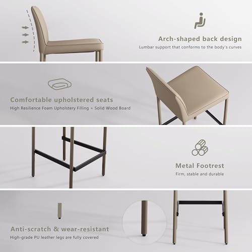 Image of YOUNIKE 26 inch H Counter Height Bar Stool with Back Single Faux Leather Modern Barstool Upholstered Comfy Bar Chair for Kitchen Breakfast Island, No Assembly, Fully Wrapped Metal Legs Khaki