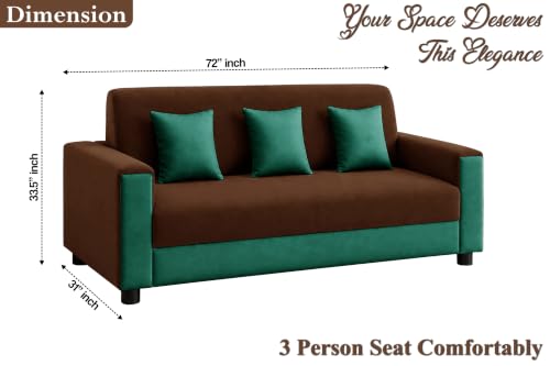 Image of 3 Seater Wooden Sofa | Velvet Fabric Couch with Cushions | Comfortable Living Room Sofa | Sturdy Wooden Frame | Home & Office Furniture | Brown & Green