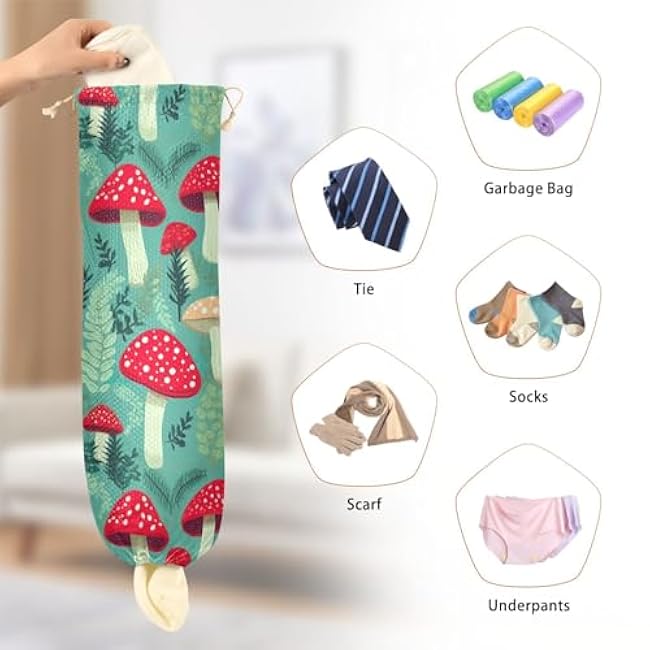 Mushroom Cartoon Leaves Plants Reusable Plastic Bag Holder for Kitchen Wall Mount Grocery Bag Organizer Dispenser with Drawstring Trash Bag Dispenser for Camping Closet Bedroom Home