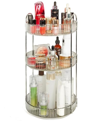 VNIMTI Skincare Organizers 360 Rotating, 3 Tier Makeup Organizer Countertop, Spinning Cosmetics Organizer Display Cases, Beauty Storage for Vanity, Countertop, Bathroom (Gray)